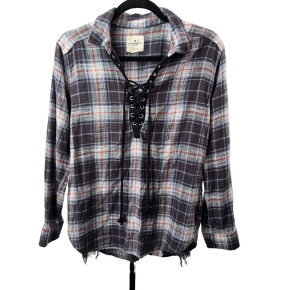 American Eagle Plaid Button Down Shirt Oversized Stretch Soft Cozy Fall Top - Picture 3 of 10